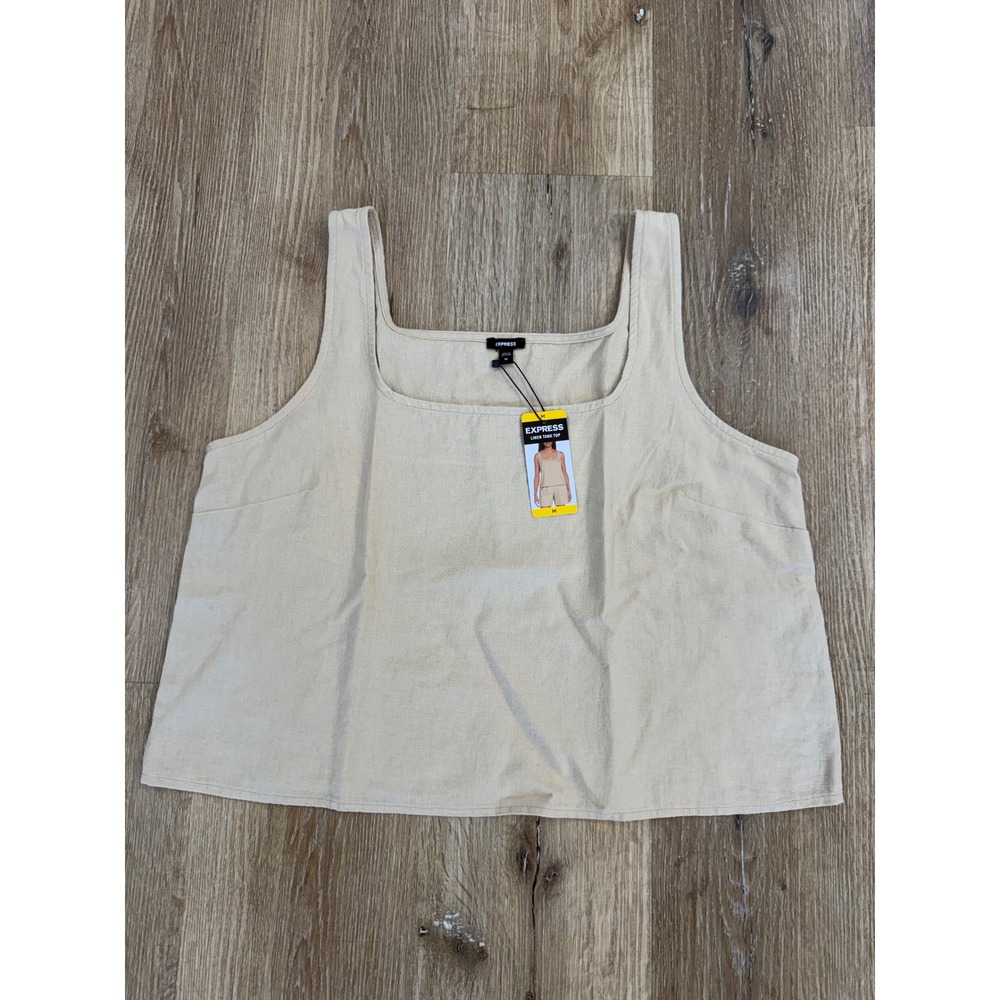 Express Minimalist Linen Tank Top Womens Medium Beige Linen Blend Square Neck